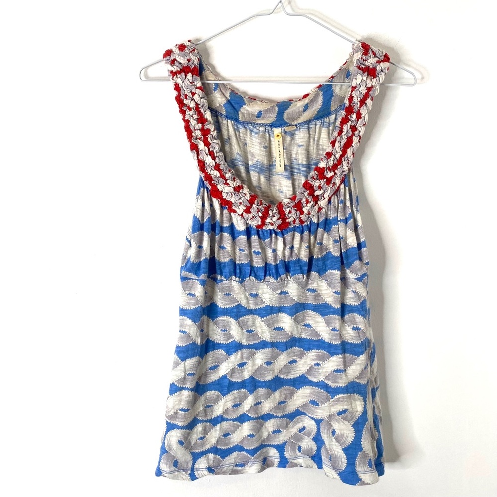 Anthropologie Little Yellow Button Nautical Ruffle Tank Top Blue Red Stretch